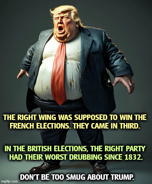 THE RIGHT WING WAS SUPPOSED TO WIN THE 
FRENCH ELECTIONS. THEY CAME IN THIRD. IN THE BRITISH ELECTIONS, THE RIGHT PARTY 

HAD THEIR WORST DRUBBING SINCE 1832. DON'T BE TOO SMUG ABOUT TRUMP. | image tagged in right wing,conservative,parties,rejected,british,french | made w/ Imgflip meme maker