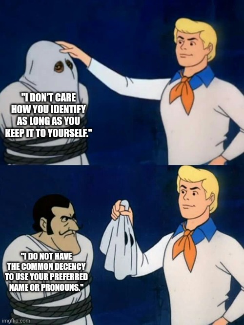 Scooby doo mask reveal | "I DON'T CARE HOW YOU IDENTIFY AS LONG AS YOU KEEP IT TO YOURSELF."; "I DO NOT HAVE THE COMMON DECENCY TO USE YOUR PREFERRED NAME OR PRONOUNS." | image tagged in scooby doo mask reveal | made w/ Imgflip meme maker