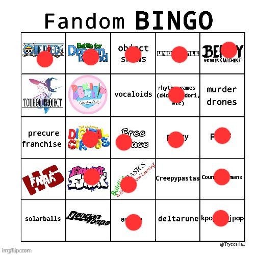 Crossed off the ones I know | image tagged in fandom bingo | made w/ Imgflip meme maker