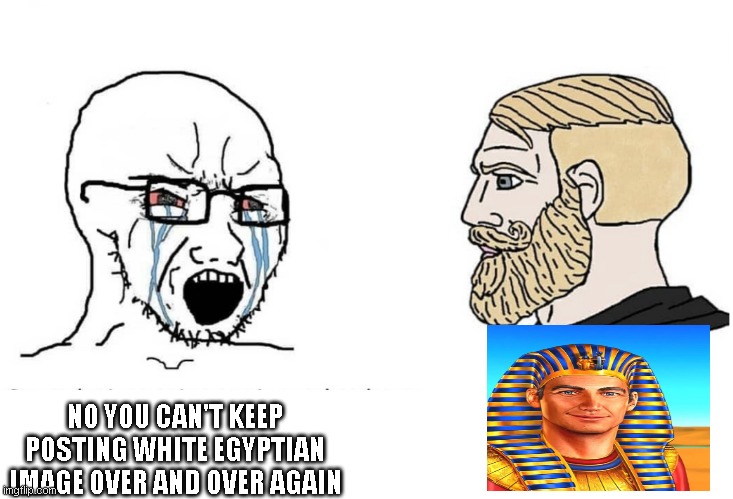 Soyboy Vs Yes Chad | NO YOU CAN'T KEEP POSTING WHITE EGYPTIAN IMAGE OVER AND OVER AGAIN | image tagged in soyboy vs yes chad | made w/ Imgflip meme maker
