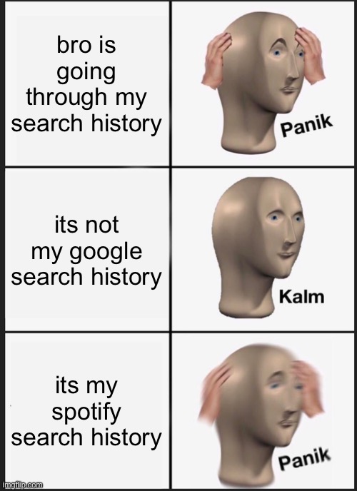 Panik Kalm Panik | bro is going through my search history; its not my google search history; its my spotify search history | image tagged in memes,panik kalm panik,music,spotify | made w/ Imgflip meme maker