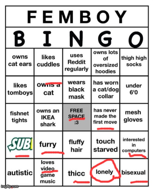 :3 | image tagged in femboy bingo | made w/ Imgflip meme maker