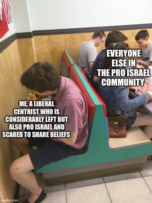:( | EVERYONE ELSE IN THE PRO ISRAEL COMMUNITY; ME, A LIBERAL CENTRIST WHO IS CONSIDERABLY LEFT BUT ALSO PRO ISRAEL AND SCARED TO SHARE BELIEFS | image tagged in excluded | made w/ Imgflip meme maker