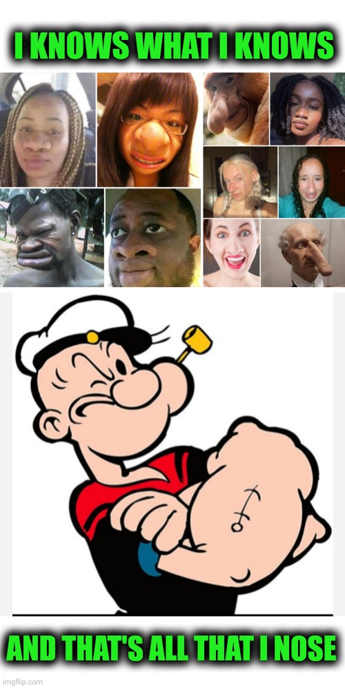 Funny | I KNOWS WHAT I KNOWS; AND THAT'S ALL THAT I NOSE | image tagged in funny,popeye,knowledge,nose,nosey,knowledge is power | made w/ Imgflip meme maker