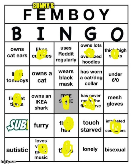 Sunny: s-see? I'm not a femboy.. | SUNNY’S | image tagged in femboy bingo | made w/ Imgflip meme maker