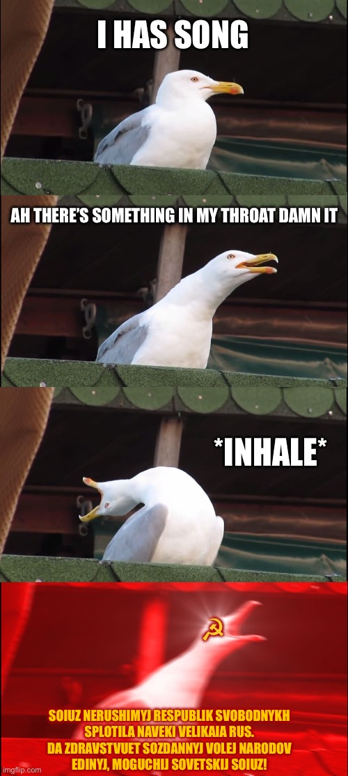 Inhaling Seagull Meme | I HAS SONG; AH THERE’S SOMETHING IN MY THROAT DAMN IT; *INHALE*; ☭; SOIUZ NERUSHIMYJ RESPUBLIK SVOBODNYKH
SPLOTILA NAVEKI VELIKAIA RUS.
DA ZDRAVSTVUET SOZDANNYJ VOLEJ NARODOV
EDINYJ, MOGUCHIJ SOVETSKIJ SOIUZ! | image tagged in memes,inhaling seagull | made w/ Imgflip meme maker