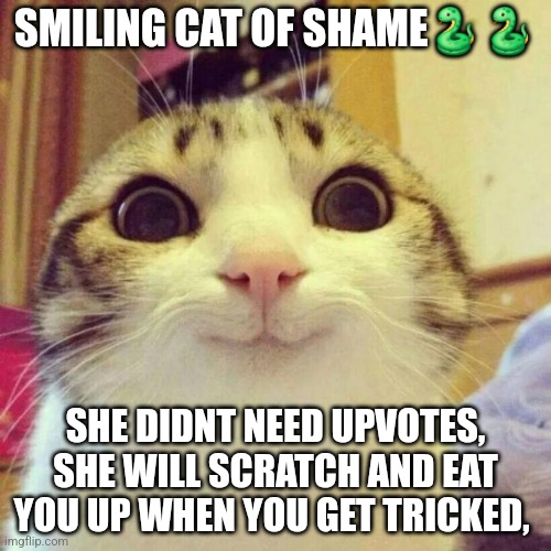 Smiling Cat | SMILING CAT OF SHAME🐍🐍; SHE DIDNT NEED UPVOTES, SHE WILL SCRATCH AND EAT YOU UP WHEN YOU GET TRICKED, | image tagged in memes,smiling cat | made w/ Imgflip meme maker