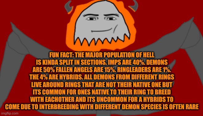 If you wanna know more, tell me in comments | FUN FACT: THE MAJOR POPULATION OF HELL IS KINDA SPLIT IN SECTIONS. IMPS ARE 40%. DEMONS ARE 50% FALLEN ANGELS ARE 15%. RINGLEADERS ARE 1%. THE 4% ARE HYBRIDS. ALL DEMONS FROM DIFFERENT RINGS LIVE AROUND RINGS THAT ARE NOT THEIR NATIVE ONE BUT ITS COMMON FOR ONES NATIVE TO THEIR RING TO BREED WITH EACHOTHER AND ITS UNCOMMON FOR A HYBRIDS TO COME DUE TO INTERBREEDING WITH DIFFERENT DEMON SPECIES IS OFTEN RARE | image tagged in infernal roblox man face | made w/ Imgflip meme maker