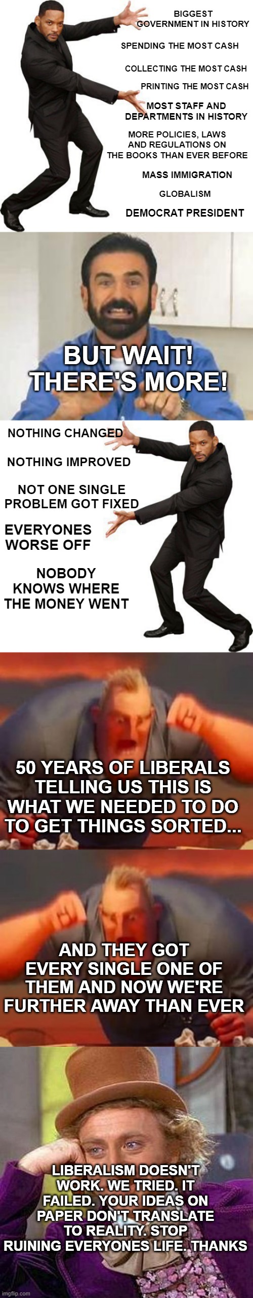 Reality itself demonstrate why liberalism doesn't work with a few simple points.. | BIGGEST GOVERNMENT IN HISTORY; SPENDING THE MOST CASH; COLLECTING THE MOST CASH; PRINTING THE MOST CASH; MOST STAFF AND DEPARTMENTS IN HISTORY; MORE POLICIES, LAWS AND REGULATIONS ON THE BOOKS THAN EVER BEFORE; MASS IMMIGRATION; GLOBALISM; DEMOCRAT PRESIDENT; BUT WAIT! THERE'S MORE! NOTHING CHANGED; NOTHING IMPROVED; NOT ONE SINGLE PROBLEM GOT FIXED; EVERYONES WORSE OFF; NOBODY KNOWS WHERE THE MONEY WENT; 50 YEARS OF LIBERALS TELLING US THIS IS WHAT WE NEEDED TO DO TO GET THINGS SORTED... AND THEY GOT EVERY SINGLE ONE OF THEM AND NOW WE'RE FURTHER AWAY THAN EVER; LIBERALISM DOESN'T WORK. WE TRIED. IT FAILED. YOUR IDEAS ON PAPER DON'T TRANSLATE TO REALITY. STOP RUINING EVERYONES LIFE. THANKS | image tagged in tada will smith,but wait there's more,mr incredible mad,memes,creepy condescending wonka | made w/ Imgflip meme maker