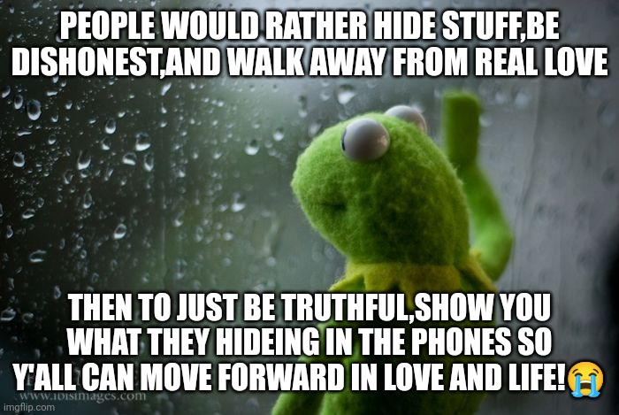 kermit window | PEOPLE WOULD RATHER HIDE STUFF,BE DISHONEST,AND WALK AWAY FROM REAL LOVE; THEN TO JUST BE TRUTHFUL,SHOW YOU WHAT THEY HIDEING IN THE PHONES SO Y'ALL CAN MOVE FORWARD IN LOVE AND LIFE!😭 | image tagged in kermit window | made w/ Imgflip meme maker