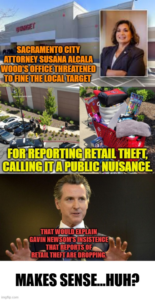 Makes Sense...Huh? | SACRAMENTO CITY ATTORNEY SUSANA ALCALA WOOD'S OFFICE THREATENED TO FINE THE LOCAL TARGET; FOR REPORTING RETAIL THEFT, CALLING IT A PUBLIC NUISANCE. THAT WOULD EXPLAIN GAVIN NEWSOM'S INSISTENCE THAT REPORTS OF RETAIL THEFT ARE DROPPING. MAKES SENSE...HUH? | image tagged in memes,politics,target,fine,calling the police,governor | made w/ Imgflip meme maker