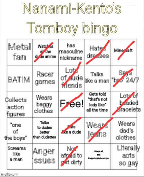 Nanami-Kento's Tomboy Bingo | image tagged in nanami-kento's tomboy bingo | made w/ Imgflip meme maker
