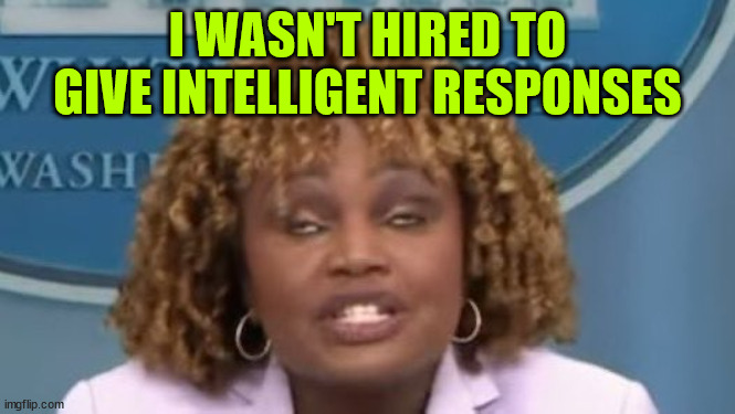 Karine | I WASN'T HIRED TO GIVE INTELLIGENT RESPONSES | image tagged in karine | made w/ Imgflip meme maker