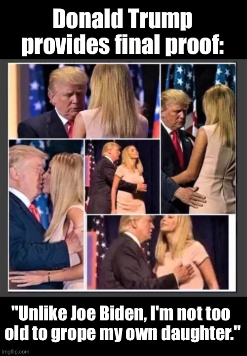 He is so young and agile | Donald Trump provides final proof:; "Unlike Joe Biden, I'm not too 
old to grope my own daughter." | image tagged in trump,age,biden | made w/ Imgflip meme maker