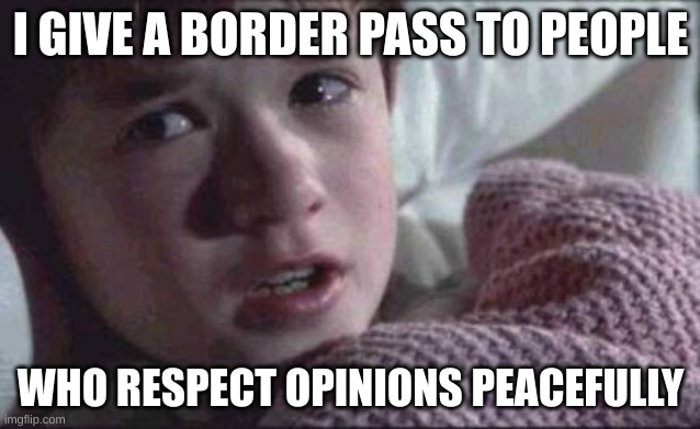 I See Dead People Meme | I GIVE A BORDER PASS TO PEOPLE; WHO RESPECT OPINIONS PEACEFULLY | image tagged in memes,i see dead people | made w/ Imgflip meme maker