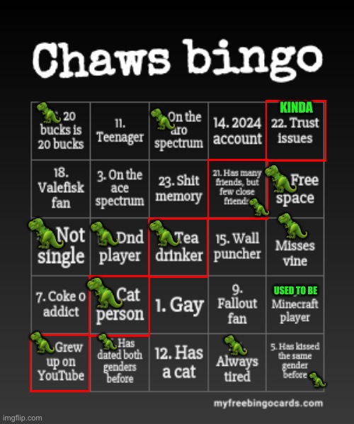 Chaws bingo | 🦖; KINDA; 🦖; 🦖; 🦖; 🦖; 🦖; 🦖; 🦖; 🦖; USED TO BE; 🦖; 🦖; 🦖; 🦖 | image tagged in chaws bingo,mods,imgflip mods,lgbtq,bingo,cats | made w/ Imgflip meme maker