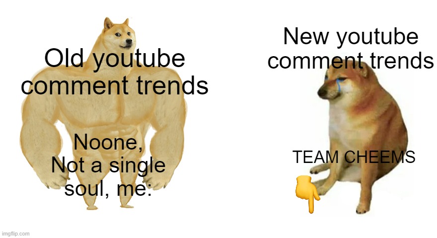 i hate what comments have became on youtube | New youtube comment trends; Old youtube comment trends; Noone, Not a single soul, me:; TEAM CHEEMS | image tagged in buff doge vs crying cheems,trends,beggars,youtube | made w/ Imgflip meme maker