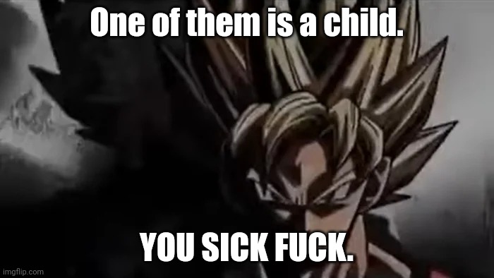 Goku Staring | One of them is a child. YOU SICK FUCK. | image tagged in goku staring | made w/ Imgflip meme maker