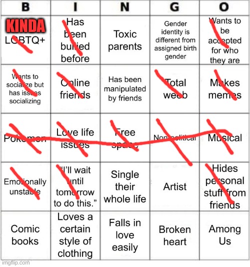 TheSuitedGayWeeb's Bingo | KINDA | image tagged in thesuitedgayweeb's bingo | made w/ Imgflip meme maker