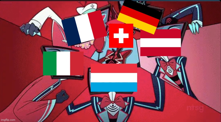 The Neutral Country | image tagged in alastor surrounded by vox,switzerland | made w/ Imgflip meme maker