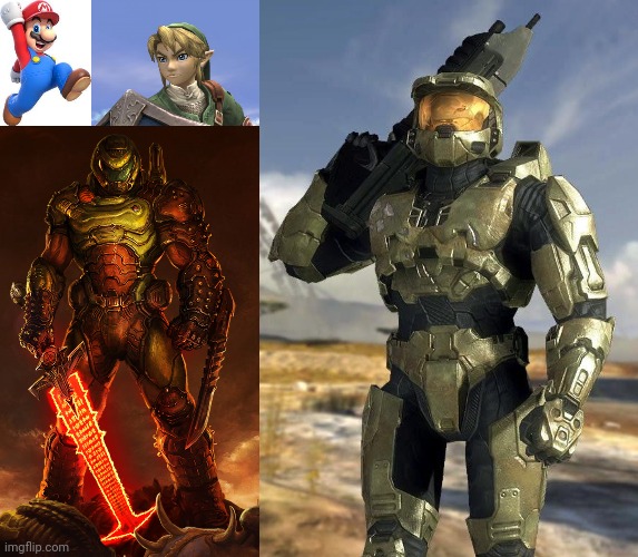 image tagged in mario,link,doomguy,master chief | made w/ Imgflip meme maker