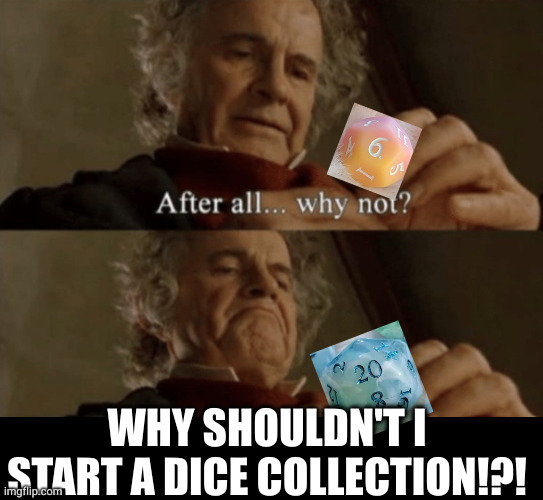 that d20 lyfe | WHY SHOULDN'T I START A DICE COLLECTION!?! | image tagged in after all why not,d20,rpg,pnp,dice | made w/ Imgflip meme maker