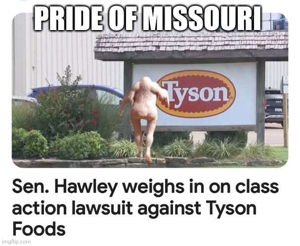 Running around like... | PRIDE OF MISSOURI | image tagged in josh hawley,tyson,missouri,chicken | made w/ Imgflip meme maker