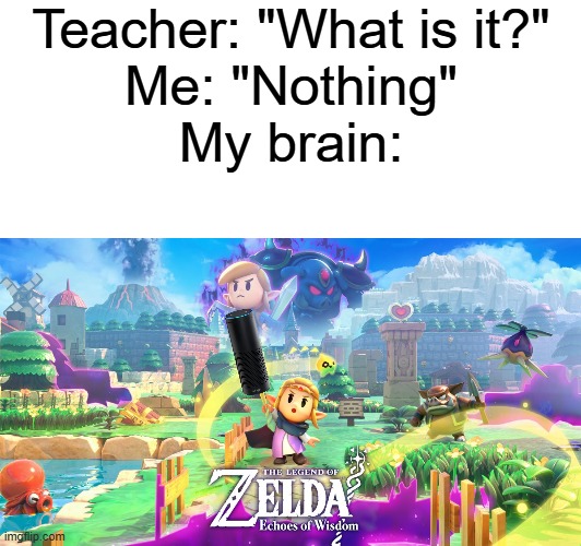 Echos of Wisdom | Teacher: "What is it?"
Me: "Nothing"
My brain: | image tagged in memes,legend of zelda,amazon echo,funny,nintendo | made w/ Imgflip meme maker