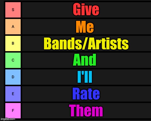 Tier List | Give; Me; Bands/Artists; And; I'll; Rate; Them | image tagged in tier list | made w/ Imgflip meme maker