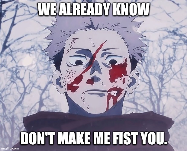 Yuji Itadori | WE ALREADY KNOW DON'T MAKE ME FIST YOU. | image tagged in yuji itadori | made w/ Imgflip meme maker