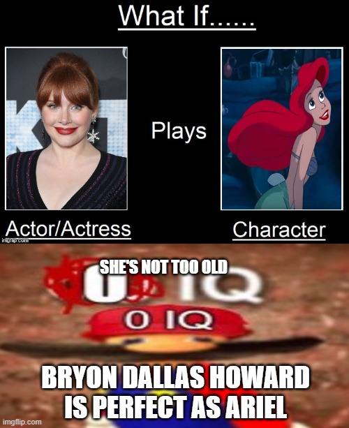 bryon dallas howard is ariel | SHE'S NOT TOO OLD; BRYON DALLAS HOWARD IS PERFECT AS ARIEL | image tagged in disney what if,ariel,howard,mario,perfect,too old | made w/ Imgflip meme maker