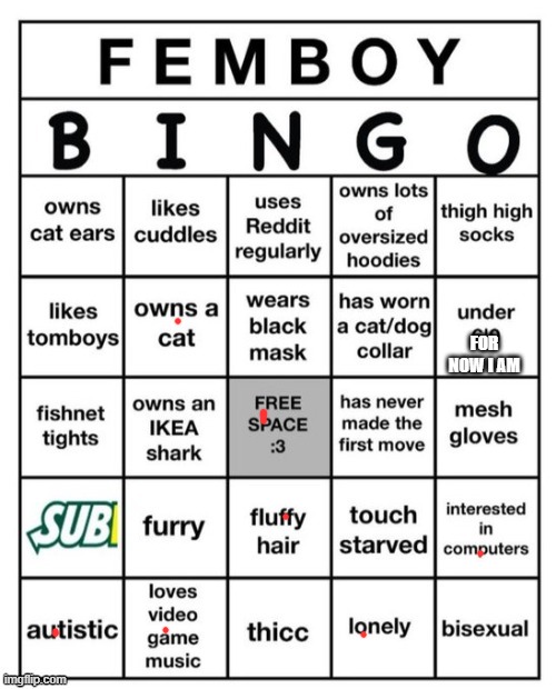 Femboy Bingo | FOR NOW I AM | image tagged in femboy bingo | made w/ Imgflip meme maker