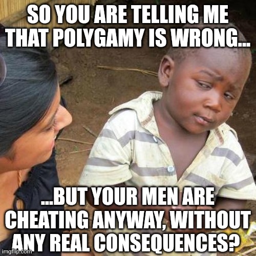 So this is wrong and that isn't | SO YOU ARE TELLING ME THAT POLYGAMY IS WRONG... ...BUT YOUR MEN ARE CHEATING ANYWAY, WITHOUT ANY REAL CONSEQUENCES? | image tagged in memes,third world skeptical kid,polygamy,polygyny,two wives,cheating | made w/ Imgflip meme maker