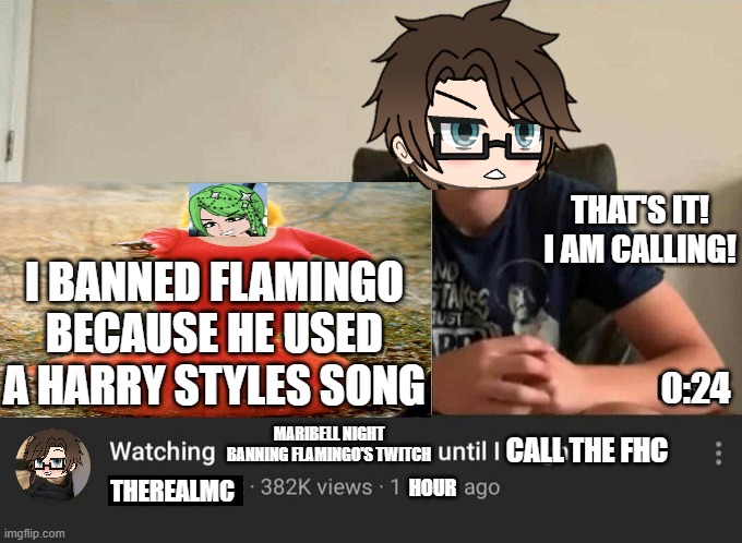 This was 2 months ago | THAT'S IT! I AM CALLING! I BANNED FLAMINGO BECAUSE HE USED A HARRY STYLES SONG; 0:24; MARIBELL NIGHT BANNING FLAMINGO'S TWITCH; CALL THE FHC; HOUR; THEREALMC | image tagged in watching until i laugh,mc,maribell night,copyright | made w/ Imgflip meme maker