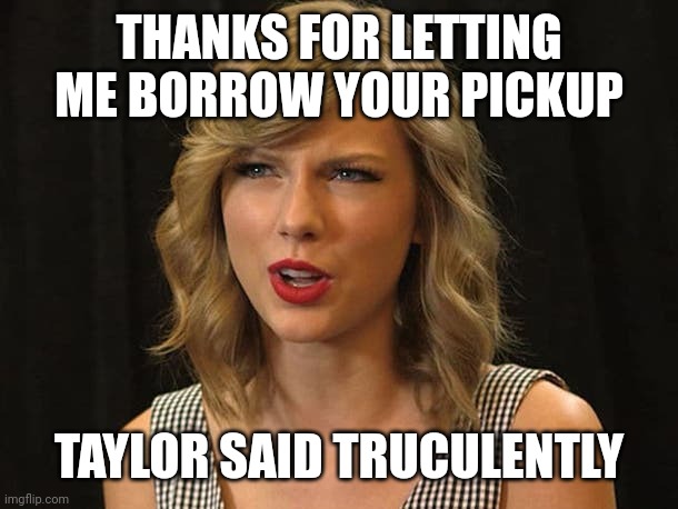 Taylor said truculently | THANKS FOR LETTING ME BORROW YOUR PICKUP; TAYLOR SAID TRUCULENTLY | image tagged in taylor swiftie | made w/ Imgflip meme maker