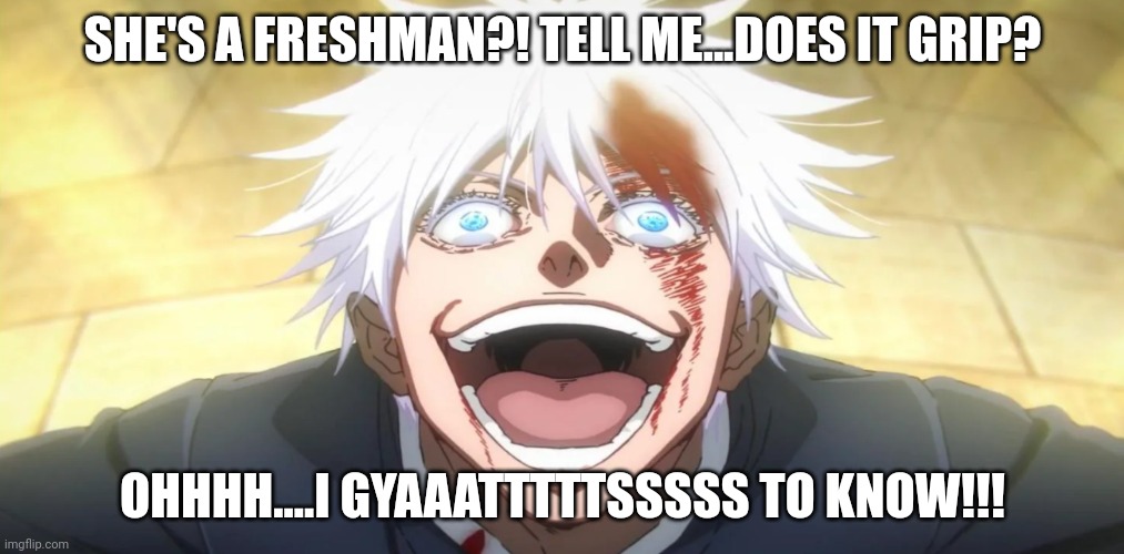 Gojo insane | SHE'S A FRESHMAN?! TELL ME...DOES IT GRIP? OHHHH....I GYAAATTTTTSSSSS TO KNOW!!! | image tagged in gojo insane | made w/ Imgflip meme maker