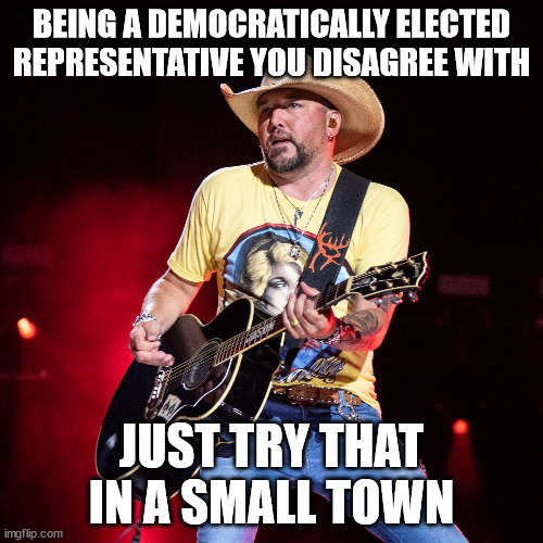 No Democracy In Rural America | BEING A DEMOCRATICALLY ELECTED REPRESENTATIVE YOU DISAGREE WITH; JUST TRY THAT IN A SMALL TOWN | image tagged in no democracy in rural america | made w/ Imgflip meme maker
