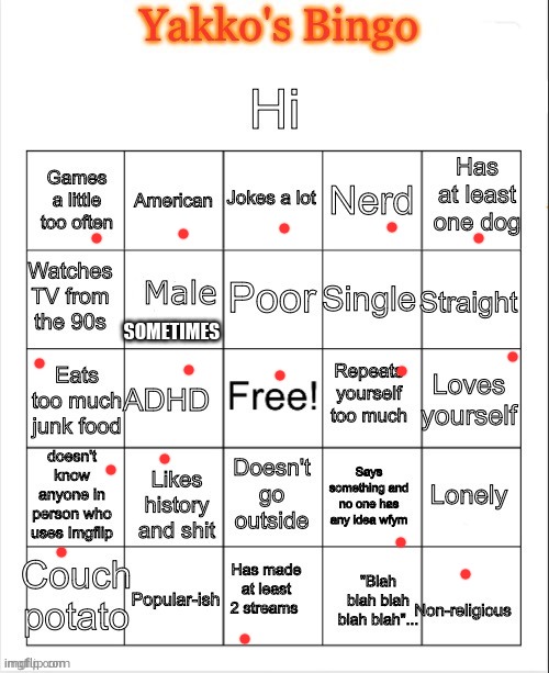 Yakko's Bingo V2 | SOMETIMES | image tagged in yakko's bingo v2 | made w/ Imgflip meme maker