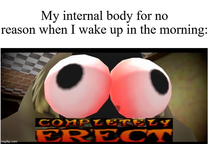 Every time this happens lol | My internal body for no reason when I wake up in the morning: | image tagged in completely erect,memes,funny,smg4 | made w/ Imgflip meme maker