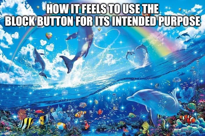 I’m looking at SWN’s interactions with nat and I’m just glad I have Nat blocked | HOW IT FEELS TO USE THE BLOCK BUTTON FOR ITS INTENDED PURPOSE | image tagged in happy dolphin rainbow | made w/ Imgflip meme maker