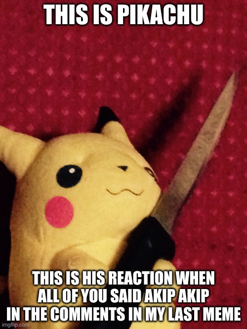 killer pika | THIS IS PIKACHU; THIS IS HIS REACTION WHEN ALL OF YOU SAID AKIP AKIP IN THE COMMENTS IN MY LAST MEME | image tagged in pikachu learned stab,pikachu is not amused | made w/ Imgflip meme maker