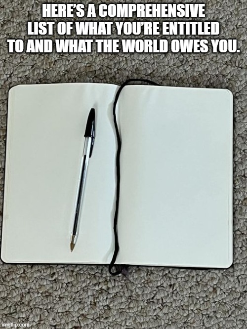 comprehensive list | HERE’S A COMPREHENSIVE LIST OF WHAT YOU’RE ENTITLED TO AND WHAT THE WORLD OWES YOU. | image tagged in blank book | made w/ Imgflip meme maker