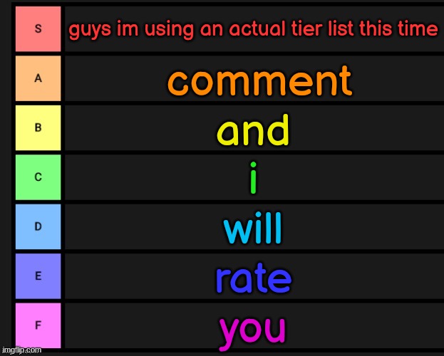 Tier List | guys im using an actual tier list this time; comment; and; i; will; rate; you | image tagged in tier list | made w/ Imgflip meme maker