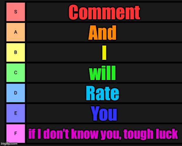 Tier List | Comment; And; I; will; Rate; You; if I don’t know you, tough luck | image tagged in tier list | made w/ Imgflip meme maker