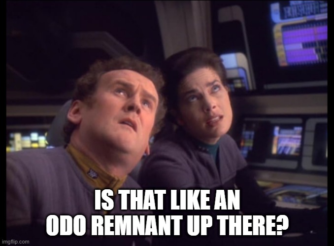 Odo What You Do | IS THAT LIKE AN ODO REMNANT UP THERE? | image tagged in o'brien dax looking up | made w/ Imgflip meme maker