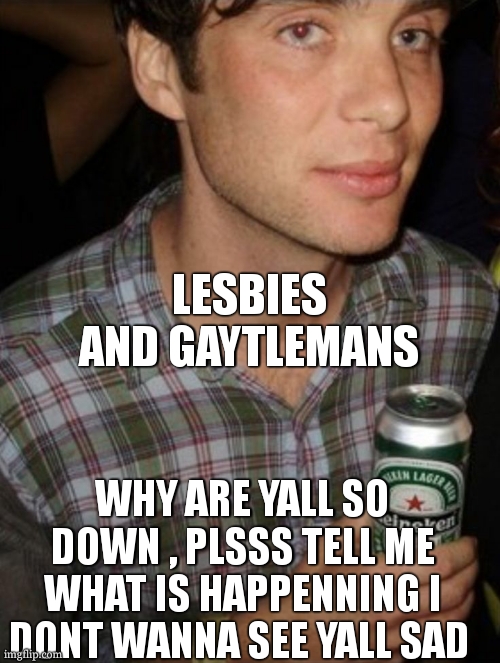 If im down it doesnt mean yall have to be down | LESBIES AND GAYTLEMANS; WHY ARE YALL SO DOWN , PLSSS TELL ME WHAT IS HAPPENNING I DONT WANNA SEE YALL SAD | image tagged in open heineken | made w/ Imgflip meme maker