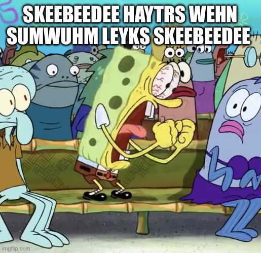 Spongebob Yelling | SKEEBEEDEE HAYTRS WEHN SUMWUHM LEYKS SKEEBEEDEE | image tagged in spongebob yelling | made w/ Imgflip meme maker