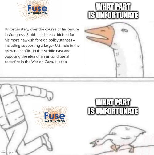 Fuse WA's endorsement of Adam Smith raises some questions | WHAT PART IS UNFORTUNATE; WHAT PART IS UNFORTUNATE | image tagged in goose chase,palestine,congress,military industrial complex,political memes,politics | made w/ Imgflip meme maker