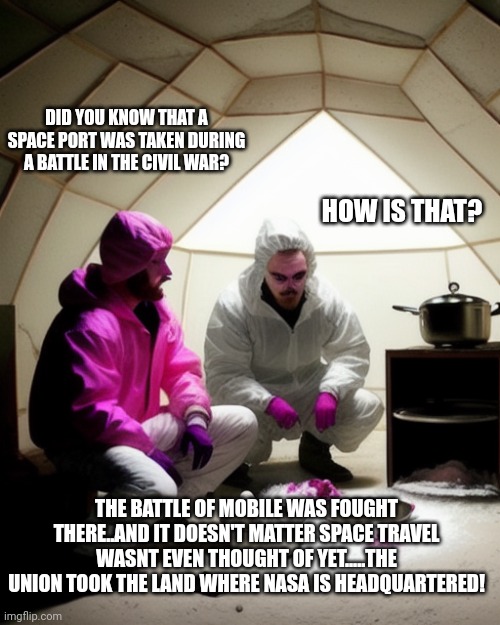 The logic is short sighted....the space ports werent built neither!!! | DID YOU KNOW THAT A SPACE PORT WAS TAKEN DURING A BATTLE IN THE CIVIL WAR? HOW IS THAT? THE BATTLE OF MOBILE WAS FOUGHT THERE..AND IT DOESN'T MATTER SPACE TRAVEL WASNT EVEN THOUGHT OF YET.....THE UNION TOOK THE LAND WHERE NASA IS HEADQUARTERED! | made w/ Imgflip meme maker