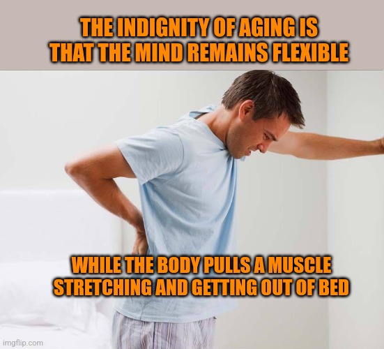 Back pain | THE INDIGNITY OF AGING IS THAT THE MIND REMAINS FLEXIBLE; WHILE THE BODY PULLS A MUSCLE STRETCHING AND GETTING OUT OF BED | image tagged in back pain | made w/ Imgflip meme maker